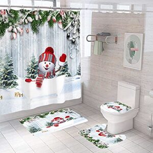 4pcs merry christmas snowman shower curtain set with non-slip rugs and toilet lid cover winter holiday xmas fabric shower curtain bathroom decor with hooks waterproof washable 72" x 72'' white green