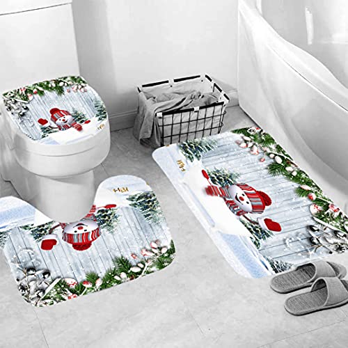 4Pcs Merry Christmas Snowman Shower Curtain Set with Non-Slip Rugs and Toilet Lid Cover Winter Holiday Xmas Fabric Shower Curtain Bathroom Decor with Hooks Waterproof Washable 72" x 72'' White Green
