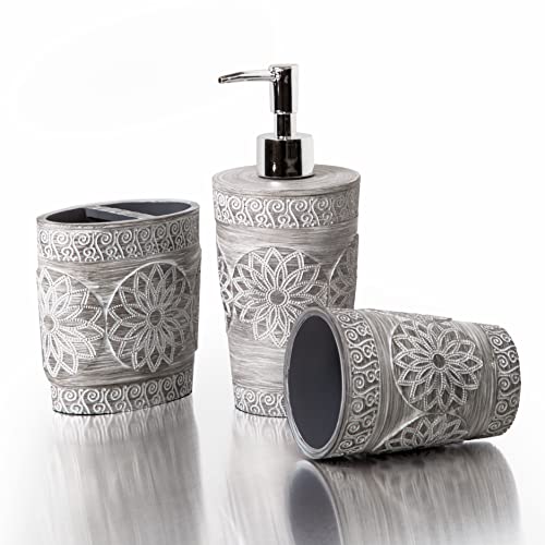 BINO Bathroom Accessories Set - Grey | Soap Dispenser | Toothbrush Holder | Tumbler | 3-Piece Bathroom Organizer Countertop Set | Bathroom Decor | Home Decor | Bathroom Set