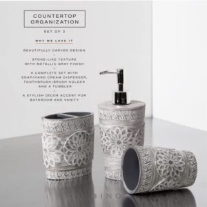 BINO Bathroom Accessories Set - Grey | Soap Dispenser | Toothbrush Holder | Tumbler | 3-Piece Bathroom Organizer Countertop Set | Bathroom Decor | Home Decor | Bathroom Set