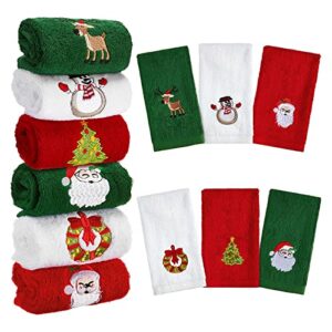 6 pieces christmas decorative hand towels embroidered santa reindeer snowman christmas tree dish towels soft green red white fabric bathroom towels for home kitchen bathroom cleaning (classic style)