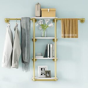 wall mounted pipe clothing rack with shelf,gold industrial clothes rack with 4 tier closet bar heavy duty iron garment rack, retail display clothes rod for hanging clothes,laundry room (gold)