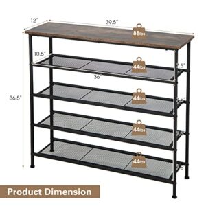 COSTWAY Shoe Rack, 5-Tier Free Standing Shoe Storage Organizer with Wooden Top, 4 Metal Mesh Shelves for 16-20 Pairs Shoes, Adjustable Protecting Feet for Entryway, Hallway, Rustic Brown and Black