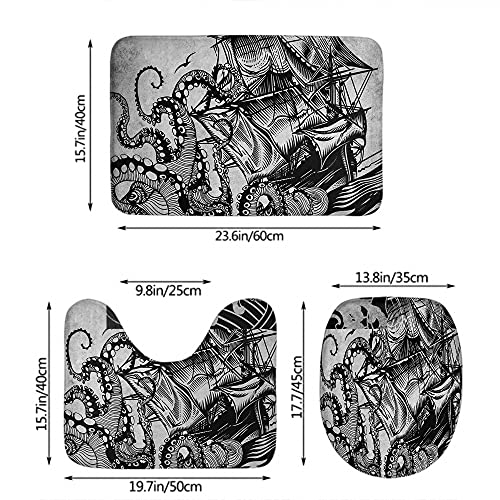 WONDERTIFY Nautical Bathroom Antiskid Pad Marine Kraken Octopus Tentacles Around Ship Monochromatic 3 Pieces Bathroom Rugs Set, Bath Mat+Contour+Toilet Lid Cover Charcoal Grey