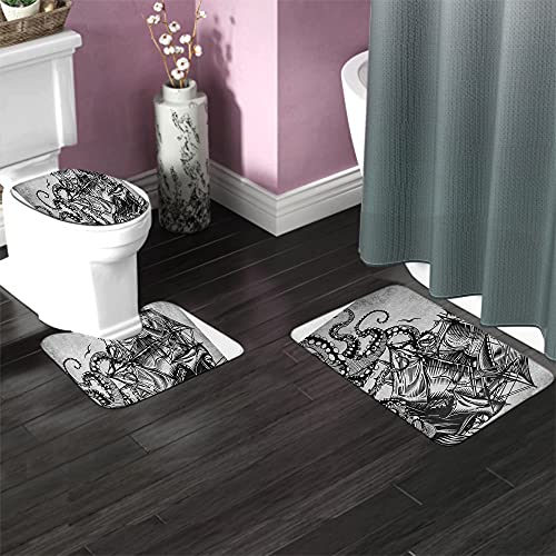 WONDERTIFY Nautical Bathroom Antiskid Pad Marine Kraken Octopus Tentacles Around Ship Monochromatic 3 Pieces Bathroom Rugs Set, Bath Mat+Contour+Toilet Lid Cover Charcoal Grey