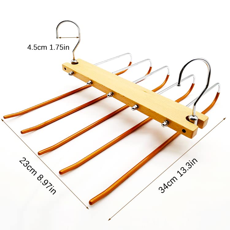 Beech Wooden Pants Hangers Space Saver - Trouser Hanger, Space-Saving Multiple 5-in-1 Stainless Steel Extendible, Foldable Multi Magic Wardrobe Clothes Hanger Holder, Standard