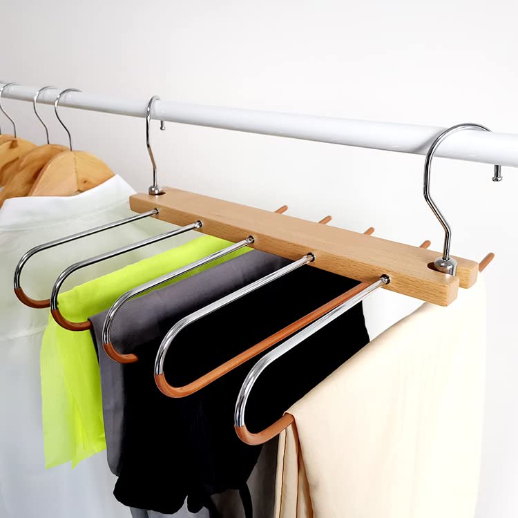 Beech Wooden Pants Hangers Space Saver - Trouser Hanger, Space-Saving Multiple 5-in-1 Stainless Steel Extendible, Foldable Multi Magic Wardrobe Clothes Hanger Holder, Standard