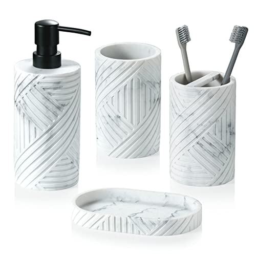 Bathroom Accessories Set 4 Pcs Marble Look Resin Vanity Counter Countertop Accessory Sets Soap Dispenser Dish Toothbrush Holder Restroom Apartment Decor Stuff Kits Women Men Gift White