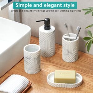 Bathroom Accessories Set 4 Pcs Marble Look Resin Vanity Counter Countertop Accessory Sets Soap Dispenser Dish Toothbrush Holder Restroom Apartment Decor Stuff Kits Women Men Gift White