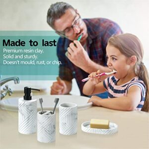 Bathroom Accessories Set 4 Pcs Marble Look Resin Vanity Counter Countertop Accessory Sets Soap Dispenser Dish Toothbrush Holder Restroom Apartment Decor Stuff Kits Women Men Gift White