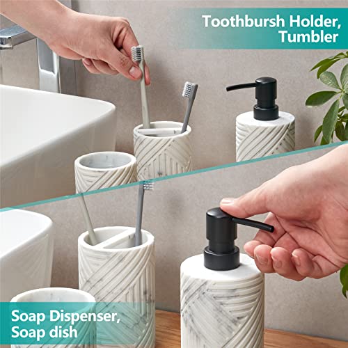 Bathroom Accessories Set 4 Pcs Marble Look Resin Vanity Counter Countertop Accessory Sets Soap Dispenser Dish Toothbrush Holder Restroom Apartment Decor Stuff Kits Women Men Gift White