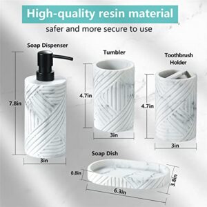 Bathroom Accessories Set 4 Pcs Marble Look Resin Vanity Counter Countertop Accessory Sets Soap Dispenser Dish Toothbrush Holder Restroom Apartment Decor Stuff Kits Women Men Gift White