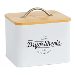 lifelaza metal dryer sheet holder with bamboo lid, dryer sheet dispenser for fabric softener sheets, farmhouse container storage box for laundry room decor