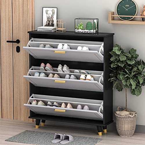 AIEGLE Shoe Cabinet with 3 Flip Drawers, Floor Shoe Storage Organizer Wood Shoe Rack for Entryway Halloway Living Room, Grey (35.4" L x 9.4" W x 47.2" H)