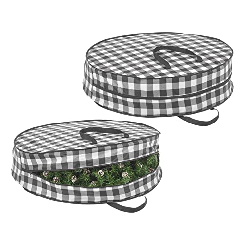 mDesign Round 30" Wreath Storage Container with Handles, Fabric Christmas Wreath Storage Bag, Protector, Garland Storage Bag Container, Holiday Decoration Organizer - 2 Pack, Buffalo Plaid Black/White