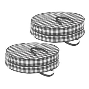 mDesign Round 30" Wreath Storage Container with Handles, Fabric Christmas Wreath Storage Bag, Protector, Garland Storage Bag Container, Holiday Decoration Organizer - 2 Pack, Buffalo Plaid Black/White