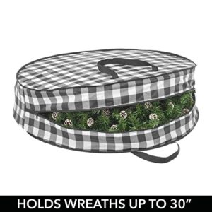 mDesign Round 30" Wreath Storage Container with Handles, Fabric Christmas Wreath Storage Bag, Protector, Garland Storage Bag Container, Holiday Decoration Organizer - 2 Pack, Buffalo Plaid Black/White