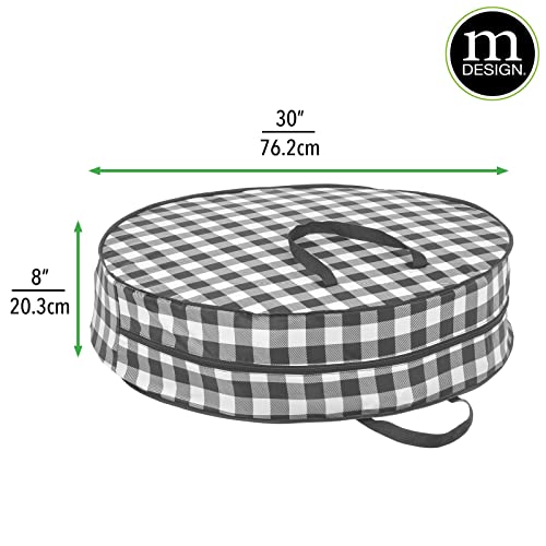 mDesign Round 30" Wreath Storage Container with Handles, Fabric Christmas Wreath Storage Bag, Protector, Garland Storage Bag Container, Holiday Decoration Organizer - 2 Pack, Buffalo Plaid Black/White