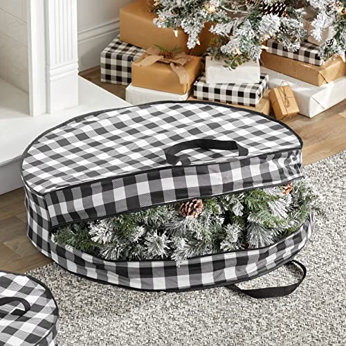 mDesign Round 30" Wreath Storage Container with Handles, Fabric Christmas Wreath Storage Bag, Protector, Garland Storage Bag Container, Holiday Decoration Organizer - 2 Pack, Buffalo Plaid Black/White