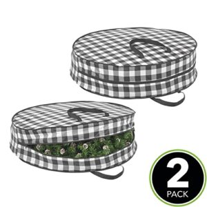 mDesign Round 30" Wreath Storage Container with Handles, Fabric Christmas Wreath Storage Bag, Protector, Garland Storage Bag Container, Holiday Decoration Organizer - 2 Pack, Buffalo Plaid Black/White