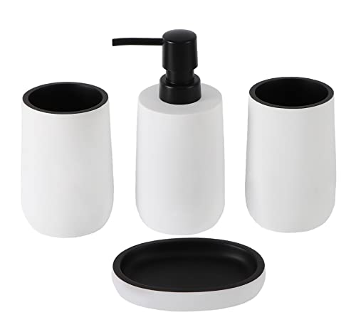 3&7 BRICK Black and White Bathroom Accessories Set,4 Pieces,Toothbrush Holder,Lotion Soap Dispenser,Tumbler,Soap Dish, Resin Countertop Complete Decor and Gift Set