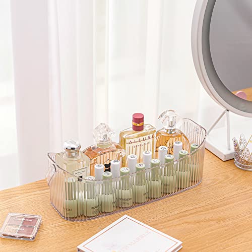 Yesesion Plastic Storage Organizer Basket with Handle, Bathroom Decor Holder for Cup, Beauty Products, Skincare, Perfume, Shower Caddy, Large Box for Toilet, Kitchen, Shelf, Cabinet, Vanity (Clear)