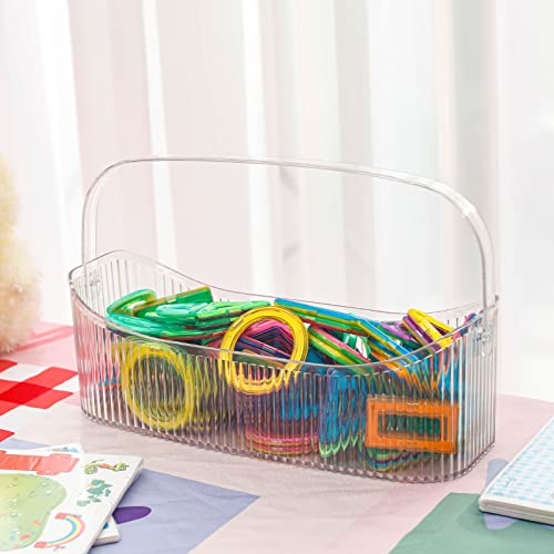 Yesesion Plastic Storage Organizer Basket with Handle, Bathroom Decor Holder for Cup, Beauty Products, Skincare, Perfume, Shower Caddy, Large Box for Toilet, Kitchen, Shelf, Cabinet, Vanity (Clear)