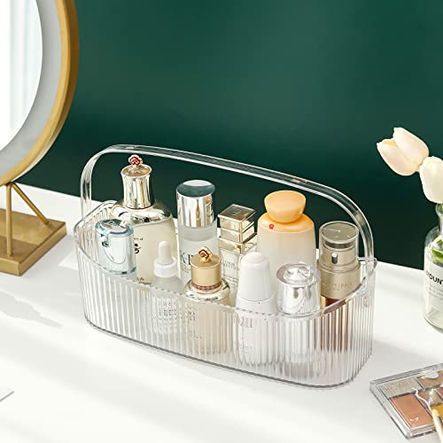 Yesesion Plastic Storage Organizer Basket with Handle, Bathroom Decor Holder for Cup, Beauty Products, Skincare, Perfume, Shower Caddy, Large Box for Toilet, Kitchen, Shelf, Cabinet, Vanity (Clear)