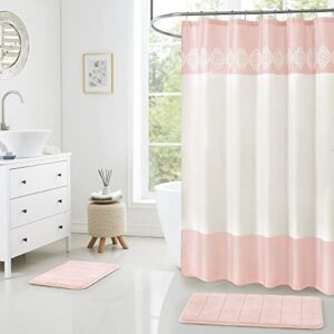 15 piece bathroom shower curtain set with memory foam bath rugs. 2 solid rose pink beige color modern design none-slip bath mats includes12 roller ball hooks style carrie (lite rose pink)
