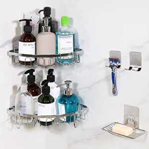 alamhi 2 tiers corner shower caddy bathroom shelf with hooks and soap dish, sus304 stainless steel wall mounted adhesive shower holder organizer shelf, rustproof no drilling for toilet,shampoo and kitchen - 2 pack