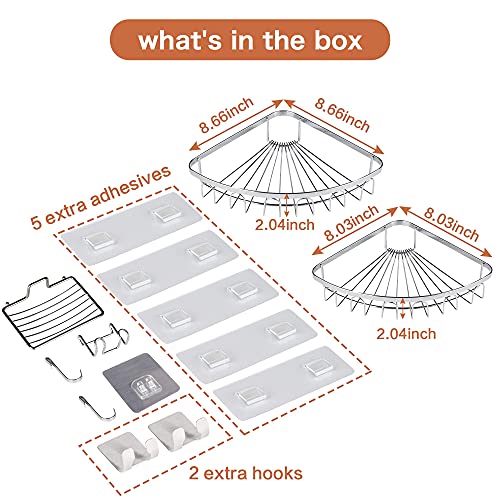 ALAMHI 2 Tiers Corner Shower Caddy Bathroom Shelf with Hooks and Soap Dish, SUS304 Stainless Steel Wall Mounted Adhesive Shower Holder Organizer Shelf, Rustproof No Drilling for Toilet,Shampoo and Kitchen - 2 Pack