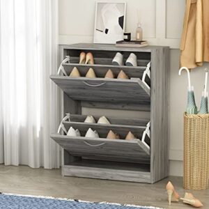 Homsee Modern Shoe Storage Cabinet with 2 Flip Drawers & Louver Doors, Wood 2-Tier Shoe Rack Storage Organizer for Entryway, Hallway & Bedroom, Grey (22.4”L x 9.4”W x 29.5”H)