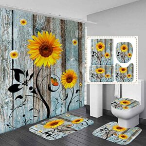 aatter farmhouse sunflower shower curtain sets rustic teal barn door polyester fabric curtains with non-slip rugs, toilet lid cover and bath mat for bathroom set 4 pcs (w60''xh72'') 12 hooks included