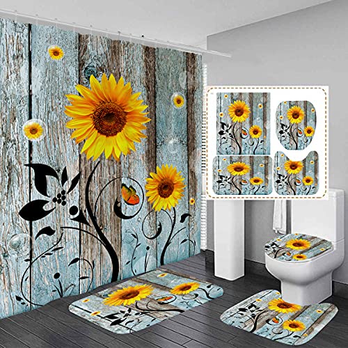 AAtter Farmhouse Sunflower Shower Curtain Sets Rustic Teal Barn Door Polyester Fabric Curtains with Non-Slip Rugs, Toilet Lid Cover and Bath Mat for Bathroom Set 4 Pcs (W60''xH72'') 12 Hooks Included