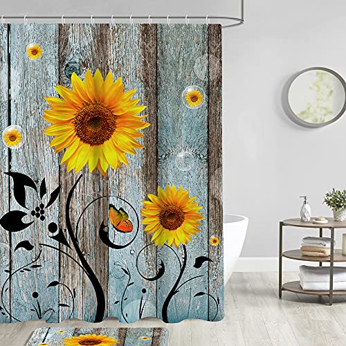 AAtter Farmhouse Sunflower Shower Curtain Sets Rustic Teal Barn Door Polyester Fabric Curtains with Non-Slip Rugs, Toilet Lid Cover and Bath Mat for Bathroom Set 4 Pcs (W60''xH72'') 12 Hooks Included