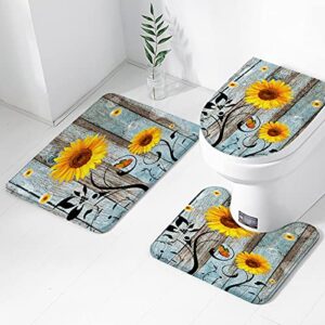 AAtter Farmhouse Sunflower Shower Curtain Sets Rustic Teal Barn Door Polyester Fabric Curtains with Non-Slip Rugs, Toilet Lid Cover and Bath Mat for Bathroom Set 4 Pcs (W60''xH72'') 12 Hooks Included