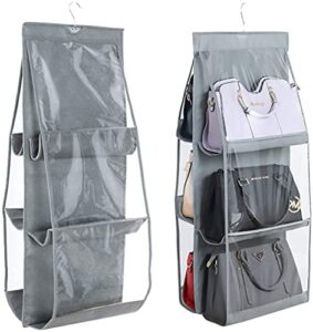 inheming hanging purse handbag organizer, clear dust cover space saver storage holder bag, 6 pockets wardrobe closet handbags storage(gray)