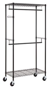 finnhomy heavy duty rolling garment rack clothes rack with double hanger rods and shelves, portable closet organizer with wheels, 1'' diameter thicken steel tube hold up to 300lbs, black
