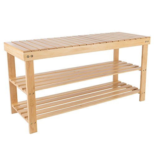 Lavish Home Bamboo Shoe Rack Bench with 2 Shelves-Eco-Friendly Natural Wood Seat Storage and Organization-For Bedroom, Entryway, Hallways, Closets