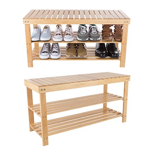 Lavish Home Bamboo Shoe Rack Bench with 2 Shelves-Eco-Friendly Natural Wood Seat Storage and Organization-For Bedroom, Entryway, Hallways, Closets