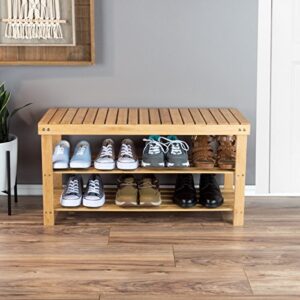 Lavish Home Bamboo Shoe Rack Bench with 2 Shelves-Eco-Friendly Natural Wood Seat Storage and Organization-For Bedroom, Entryway, Hallways, Closets