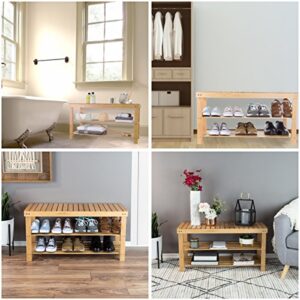 Lavish Home Bamboo Shoe Rack Bench with 2 Shelves-Eco-Friendly Natural Wood Seat Storage and Organization-For Bedroom, Entryway, Hallways, Closets