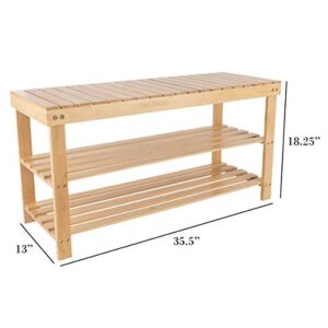 Lavish Home Bamboo Shoe Rack Bench with 2 Shelves-Eco-Friendly Natural Wood Seat Storage and Organization-For Bedroom, Entryway, Hallways, Closets