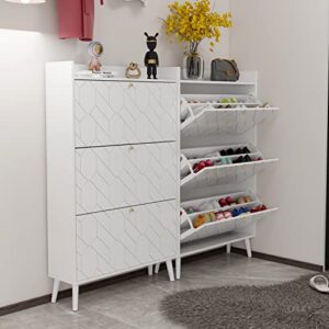 mcltopz shoe cabinet with 3 flip drawers and baffle, modern free-standing shoe rack narrow shoe storage cabinet wooden shoe rack storage cabinet for entryway hallway doorway small space (white)