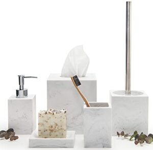 kurrajong farmhouse 5 piece bathroom accessories set | faux marble bathroom accessory set | faux marble white bathroom set | tissue box, toilet brush, soap dish, soap dispenser, toothbrush holder