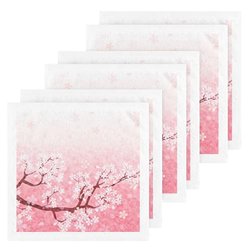 ALAZA Wash Cloth Set Pink Cherry Blossom(2) - Pack of 6 , Cotton Face Cloths, Highly Absorbent and Soft Feel Fingertip Towels(226cr8g)