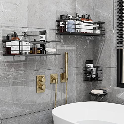 BOROY Shower Caddy, 4 Pack No Drilling Shower Shelves with Hooks, Large Capacity Rustproof Stainless Steel Organizer for Bathroom Wall Mount Storage, Black