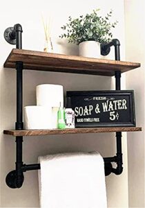 loftpaipes industrial pipe bathroom shelf,rustic wood wall mount shelf with towel bar,24" black matte towel racks,2 tiered metal floating shelves shelving iron towel holder