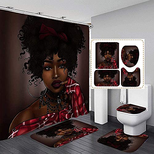 African Black Girl Shower Curtains Sets for Bathroom,4 Pcs American Afro Women Bath Decor with Washable Toilet Lid Cover, Non-Slip Rugs, Absorbent Bath Mats and Waterproof Shower Curtain with Hooks