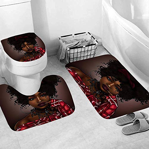 African Black Girl Shower Curtains Sets for Bathroom,4 Pcs American Afro Women Bath Decor with Washable Toilet Lid Cover, Non-Slip Rugs, Absorbent Bath Mats and Waterproof Shower Curtain with Hooks